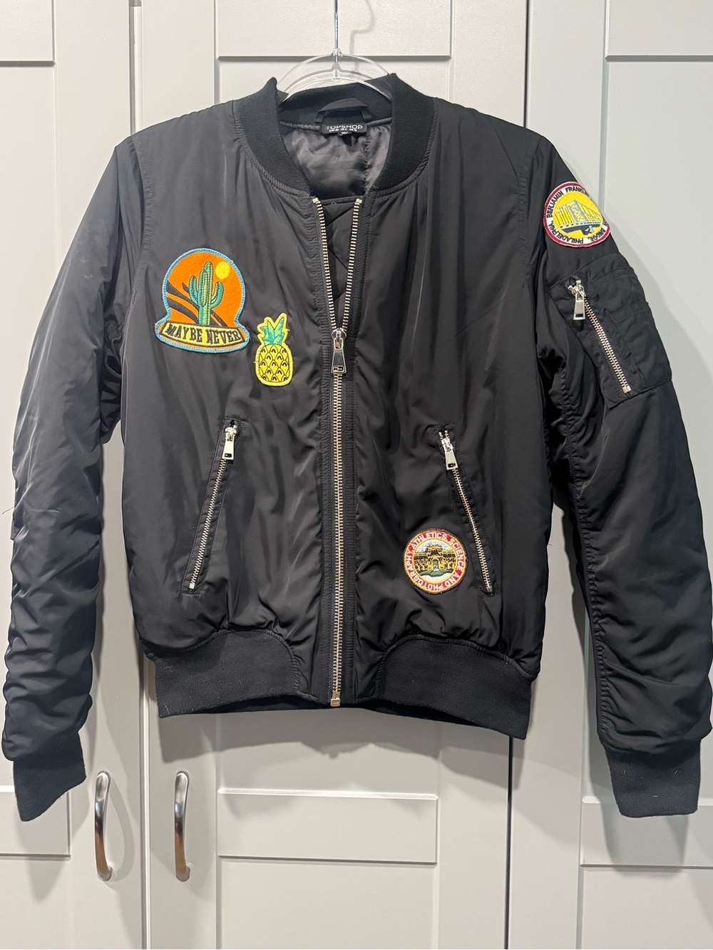 Topshop Black Bomber Jacket with Colorful Patch Accents